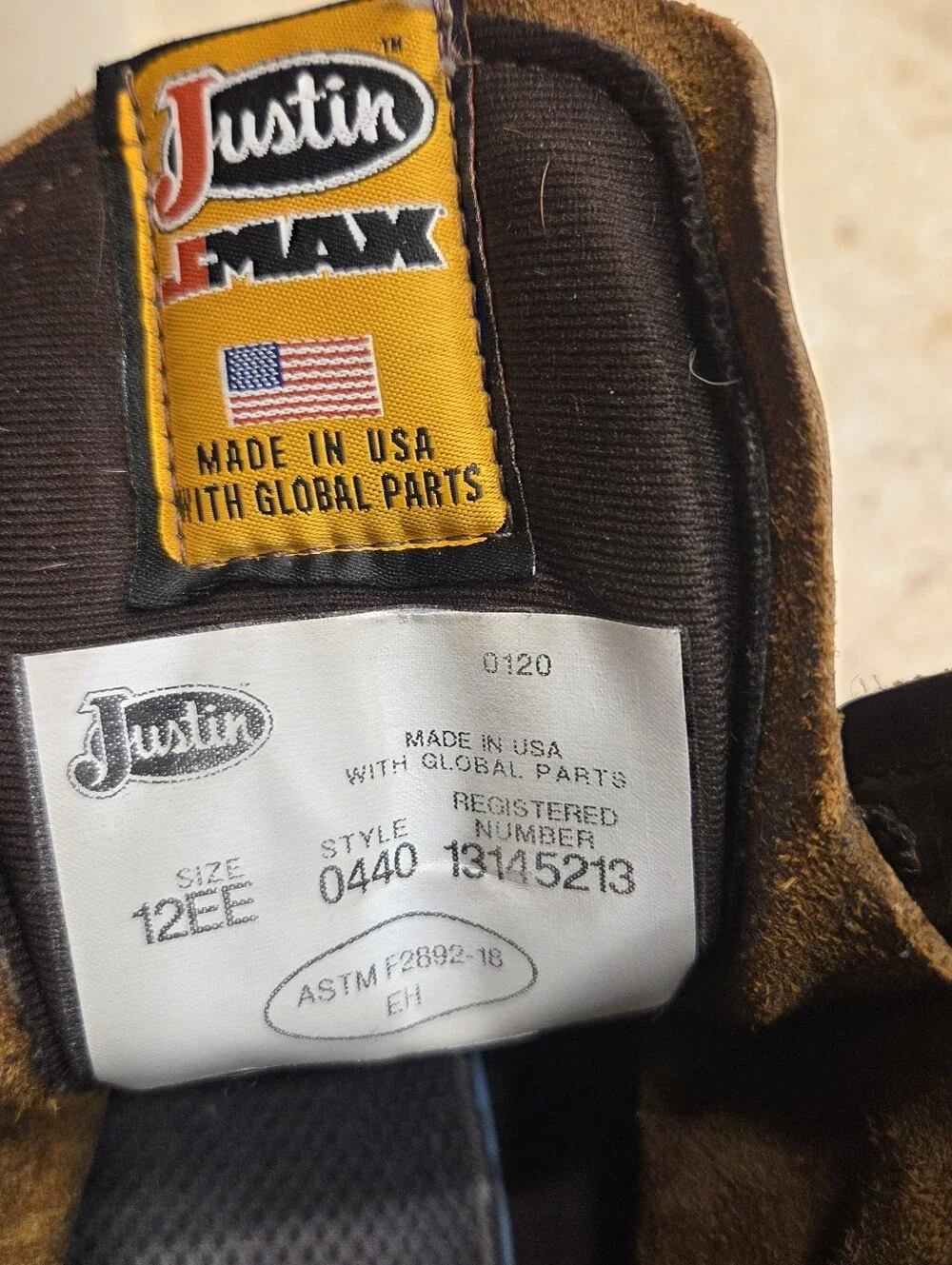 Justin J-Max Work Boots Men’s 440 Tan Gaucho, 8″ tall Made in the USA 12EE